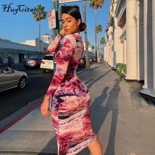 Hugcitar 2019 print tie dye long sleeve colorful sexy midi dress autumn winter women bodycon party streetwear outfits