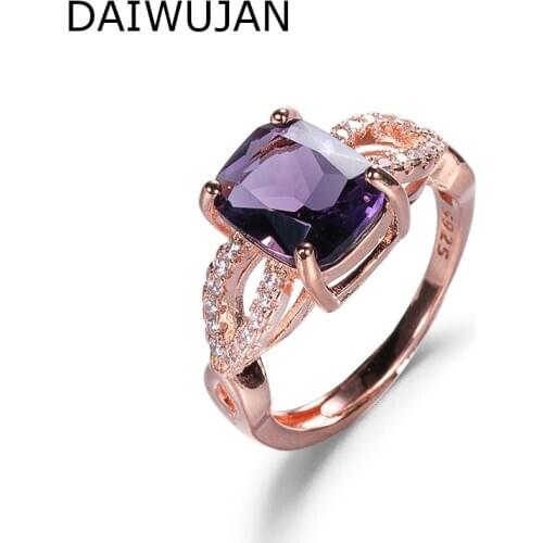 DAIWUJAN Rose Gold Square Amethyst Open Ring 925 Sterling Silver Zircon Women Finger Rings Wedding Engagement Jewelry Gift