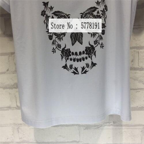 NEW Women White Cotton T-shirt Skull Floral Print Short Sleeves Fashion Tops Tees