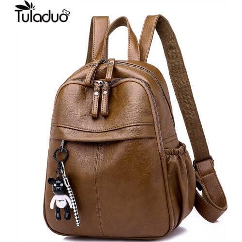 Bear Pendant Drawstring Women Backpacks Casual High Quality PU Leather School Bags For Teenager Girls Female Travel Backpack