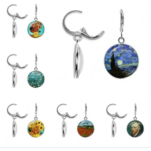 New Fashion Silver Color Simple Style Earings Van Gogh Famous Artist Starry Night Stud Earring Glass Dome Jewelry Women Gifts