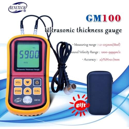 BENETECH Ultrasonic thickness gauge GM100 1.2-225mm(Steel) Digital LCD Ultrasonic Thickness Meter Tester Gauge 0.1mm Resolution