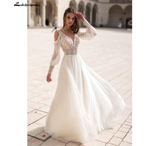 Vintage Long Puff Sleeves Wedding Dress Lace And Chiffon A Line Bride Gowns Backless Sexy Boho Bridal Dress 2021