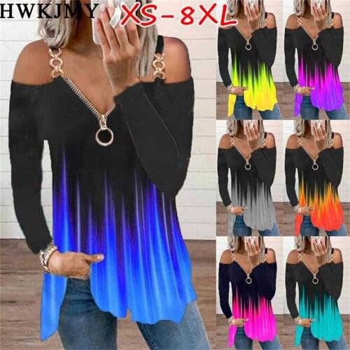 Womens clothing Tees Female Big Large Off Shoulder Summer Zipper V-neck Long Sleeve Casual Tops Femme Hole Out Ladies T Shirt