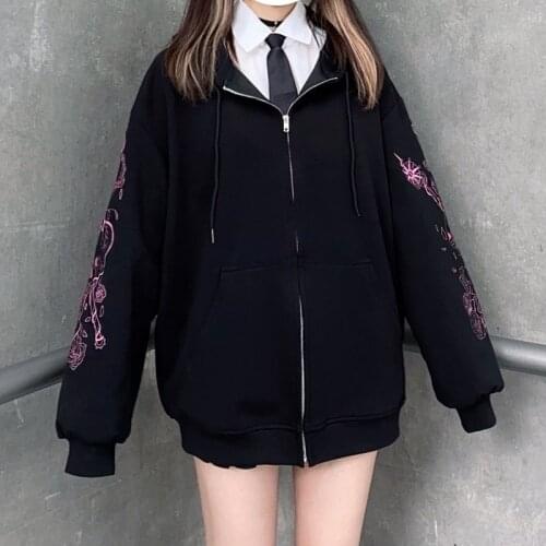 Punk Womens Zip-Up Hoodie Gothic Grunge Graphic Embroidery Japanese Preppy Style Long Sleeve y2k Harajuku Oversized Outerweaer