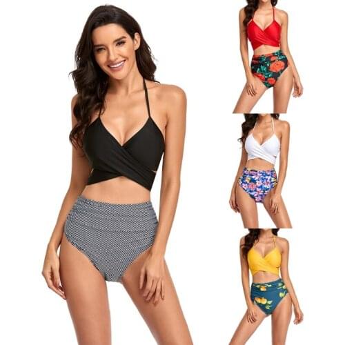 F2TC Women Sexy 2pcs Bikini Set Halter Cross Wrap Push Up Swimsuit High Waisted Ruched Floral Print Swim Bottom Bathing Suit