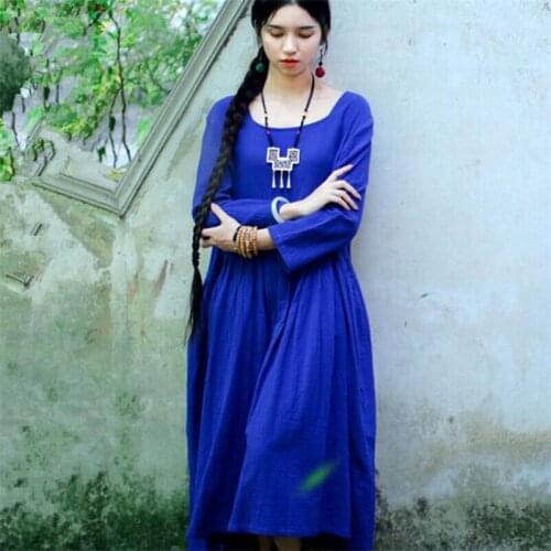 Autumn 2020 Women Spring Dress Full Sleeve Square Collar Natural Waist Loose Long Solid Dress Cotton Linen Ladies maxi Dress