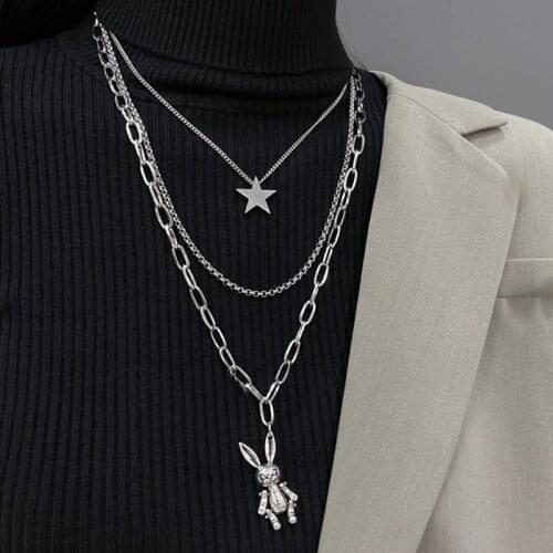 2021 Personality Hip Hop Punk Multilayer Chain Necklace Metal Star Rabbit Pendant Stainless Steel Necklace for Women Jewelry