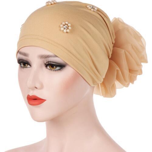 Big flower inner hijab caps beading turban for women islamic headwear clothing female bonnet hat muslim head wraps turbantes