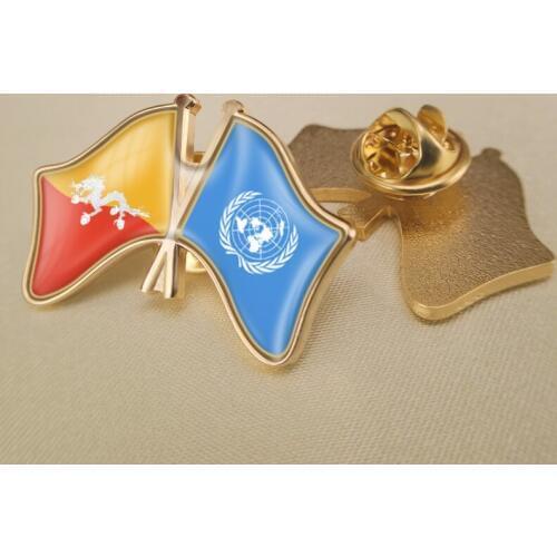 United Nations and Bhutan Crossed Double Friendship Flags Lapel Pins