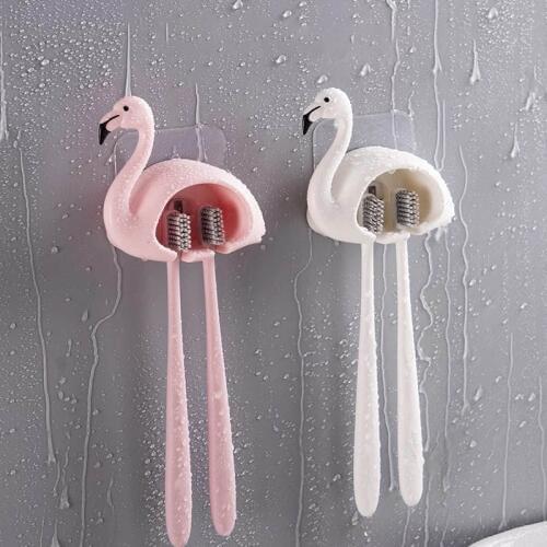 Toothbrush Holder Sucker Flamingo Shaped Bathroom Accessories 2 Position 1Pcs Cute Wall Mount Toothbrush Rack Organizer