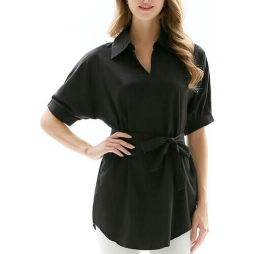 Fashion Women Solid Color Long Blouse shirt Half Sleeve Office Long Shirt Mini Dress blouse with Belt for women female