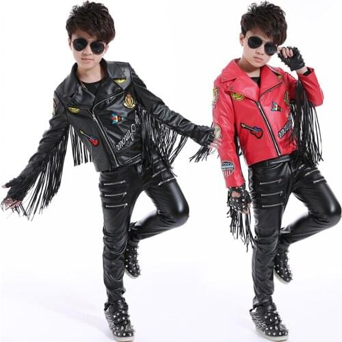 Jazz Costumes Boys Fringe Leather Jacket Pants Performance Suit Host Catwalk Kids Hip Hop Dance Clothes Stage Outfit DNV14061