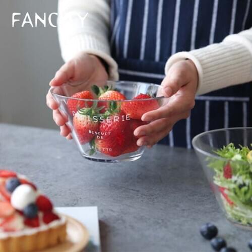 FANCITY Printed Transparent Glass Bowl Salad Bowl Household Pyrex Glass Bowl Cute Japanese Fruit Bowl Dessert Bowl