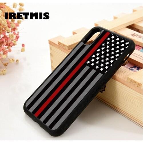 Iretmis 5 5S SE 6 6S TPU Silicone phone case cover for iPhone 7 8 plus X Xs 11 Pro Max XR Thin Red Line US Flag Fire Rescue