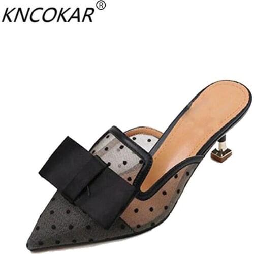 KNCOKAR Small and fashionable cool slippers girl summer new bow tie cat and gauze slippers sandals with high heels