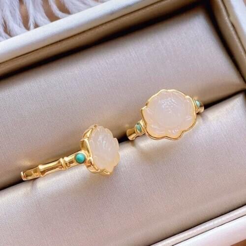 New Silver Inlaid Natural Hetian White Chalcedony Turquoise Lotus Flower Niche Craft Charm Womens Opening Adjustable Ring