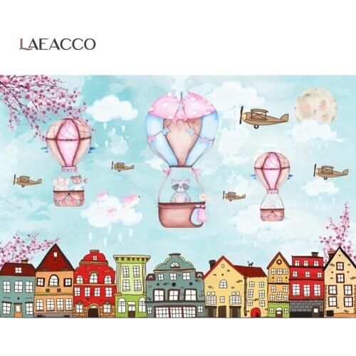 Laeacco Cartoon Plane Safari Hot Balloon Photography Backdrop Blue Sky City Building Baby Birthday Party Background Photo Studio