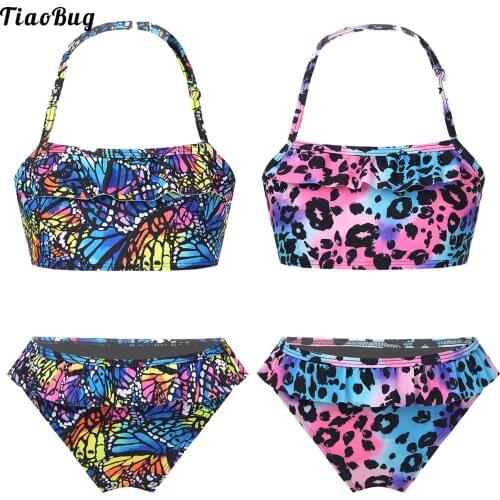 Summer Printed 2Pcs Kids Girls Bikini Suit Adjustable Halter Neck Sleeveless Cropped Top Ruffle Hem Briefs Swimming Set Swimwear