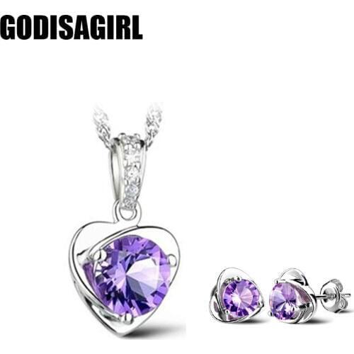 Fashion heart shape Purple Crystal Jewelry Sets for Women 925 Sterling Silver color Necklace Earrings Bridal Jewelry Sets