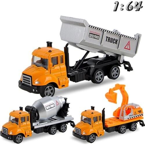 3 Kinds Alloy Diecast Engineering Vehicle Model Toy for Boy Children 1:64 Simulation Pull Back Excavator Cement Mixer Truck S014