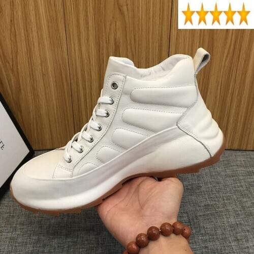 Men Outdoor High-Top Round Sneakers Toe Genuine Leather Platform White Shoes Height Increasing Casual Work Ankle Boots 38-44