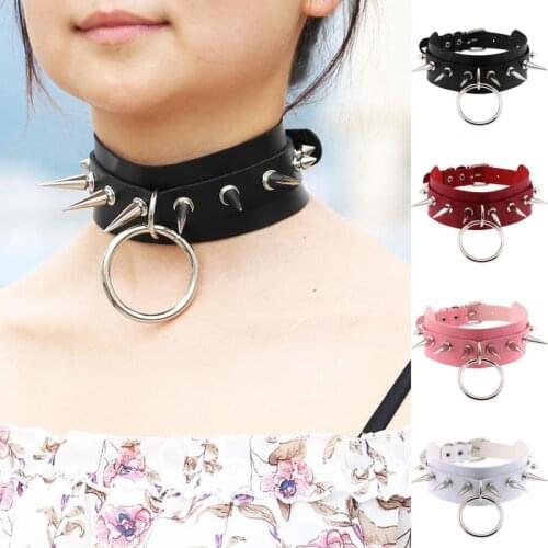 New O-Round Punk Rock Gothic Chokers Women Men PU Leather Silver Color Spike Rivet Stud Collar Necklace Statement Party Jewelry