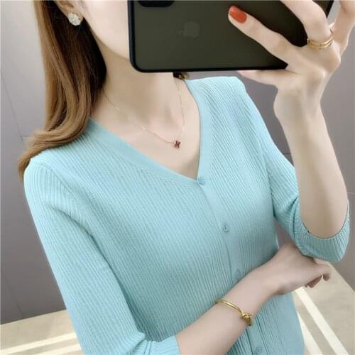 2021 New Arrival Direct Selling 19843 (room 5, Side Row, No.2 Lower) Ice Silk Solid Round Neck Short Sleeve Knitted Cardigan 39