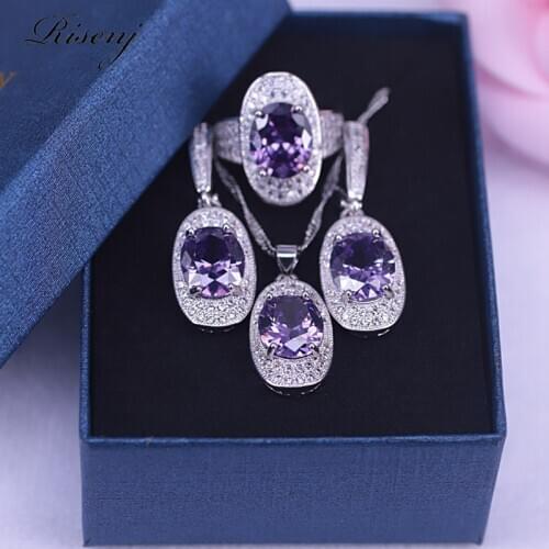 Princess present big oval purple zircon Amethyst silver 925 costume jewelry set for women ring earrings necklace set