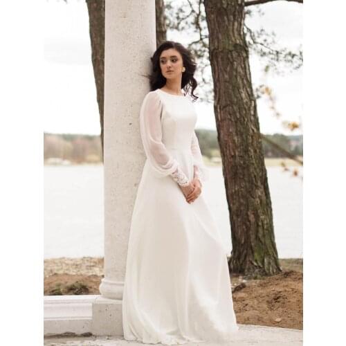 Simple Elegant Chiffon Wedding Dress Lace Long Sleeves A-Line Open Back Boat Neck Custom Made 2021 Bridal Gown Vestido De Noiva