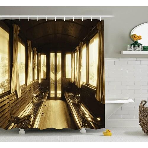 Retro Shower Curtain Antique Vintage Train Salon Inside Historic Transport Windows with Curtains Arched Ceiling Bathroom Curtain