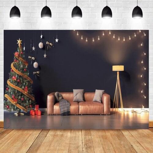 Christmas Background For Photography Living Room Christmas Tree Gift Sofa Shiny Light Bulb Family Shoot Photo Backdrop Photocall