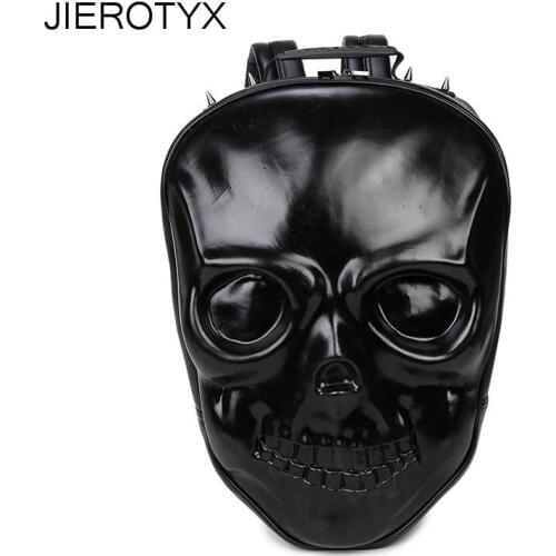 JIEROTYX Travel Backpack Women Rock Style Female Skull Leisure School Bags Soft Pu Leather Rivet Bag Black Gothic High Quality