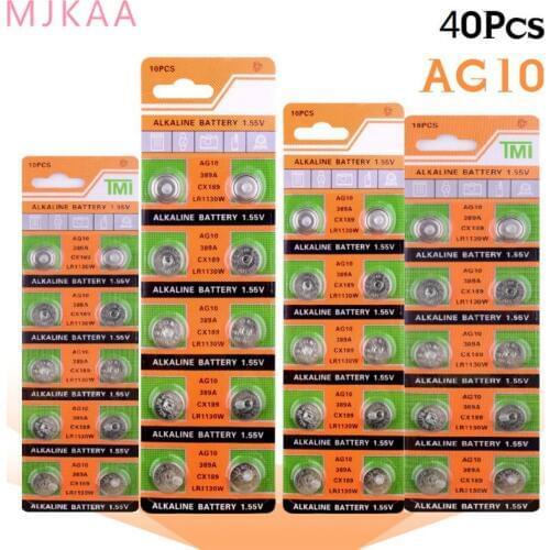 40PCS/pack AG10 LR54 Cell Coin Alkaline Battery 1.55V SR54 389 189 LR1130 SR1130 Button Batteries for Watch Toys Remote