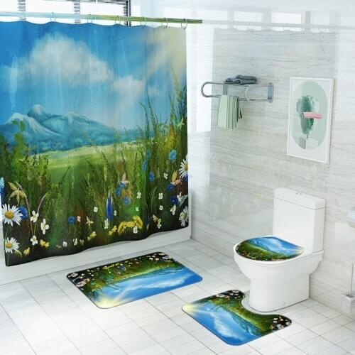 Natural Scenery Shower Curtains Blue Sky White Clouds Grassland Landscape Pattern Bath Mat Set Toilet Cover Rug Bathroom Decor