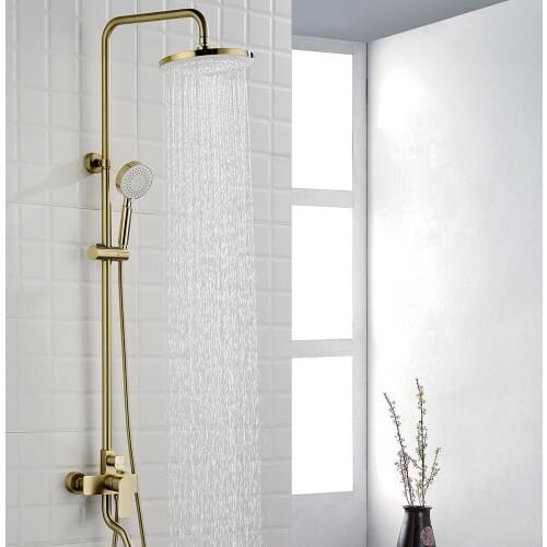 Sky Rain Bathroom Brass Valve Shower Set Brushed Gold 9 Inch ABS Shower Head Hand Shower Adjustable Height Shower System