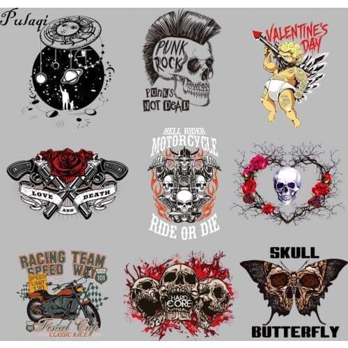 Motorcycle Skull Thermal Stickers Biker Iron On Applique Patches For Clothing T-shirts Image Motorcycles Stripes Hippie Patches