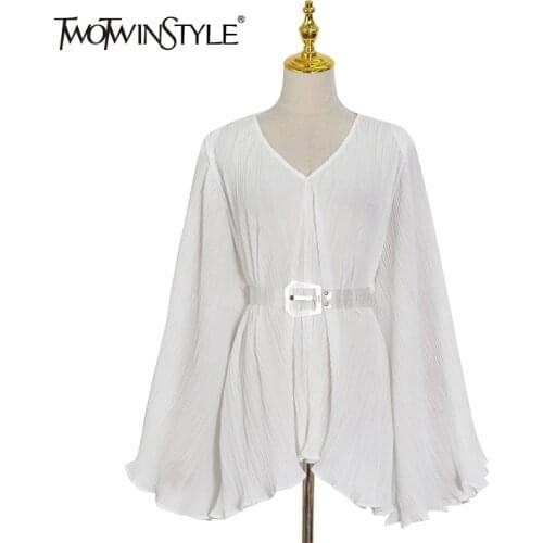 TWOTWINSTYLE Solid Fold Pleated Womens T Shirt V Neck Bell Long Sleeve Gathered Waist Sashes Loose Fashion Woman T Shirts 2021