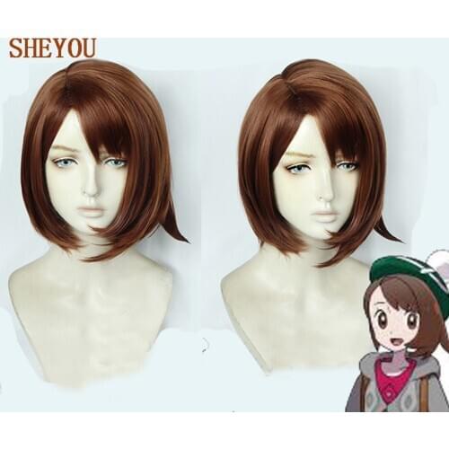 High Quality Anime Pokemon Sword and Shield Gloria Short Red Brown Heat Resistant Cosplay Hair Wig + Wig Cap
