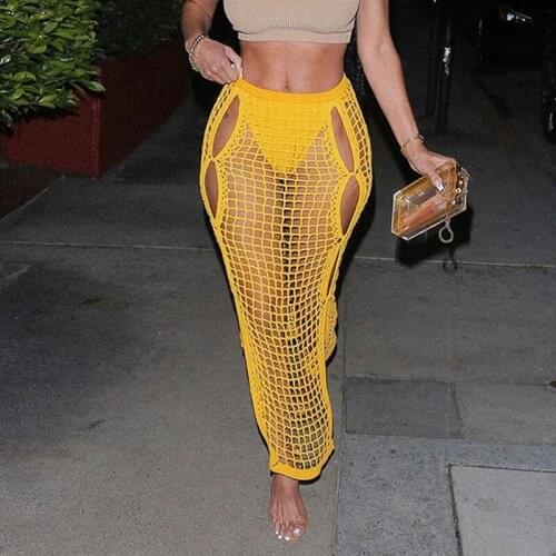 Yellow Summer Sexy Hollow Out Crochet Knitted Long Skirts For Women Elastic See Through Party Split Maxi Skirt Streetwear Bottom