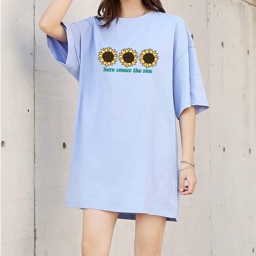 90s Aesthetic Korean Sunflower Shirt Oversized Cotton Harajuku Girls Streetwear Women Long T Shirts Vintage Drop Shoulder Tee