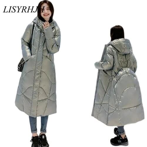 LISYRHJH Women Winter Jacket Fur Hooded Coat Cotton Padding Warm Glossy Long Puffer Jackets Parkas Mujer Winter Coat Female