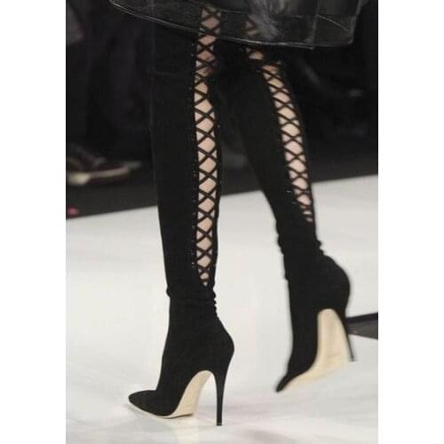 Elegant Black Suede Thigh High Boots Pointed Toe Back Lace-up Over The Knee Boots Womens Cut-out Gladiator Long Boots Women