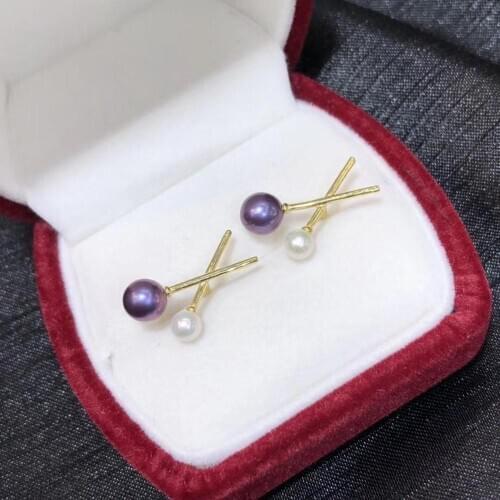 D801 Pearl Earrings Fine Jewelry 925 Sterling Silver Round 7-8mm Nature Fresh Water Purple Pearls Stud Earrings for Women