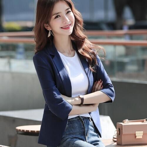 2021 Summer Korean Cotton And Line Women Blazer Jacket Slim Seven Sleeve Casual Suit Office Lady Plus Size 3xl