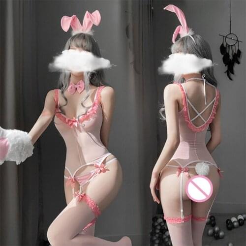 Women Sexy Cute Bunny Set Suspender Lingerie Body Stocking Fetish Bodysuit Erotic Cosplay Costume Outfit Thong with Bow