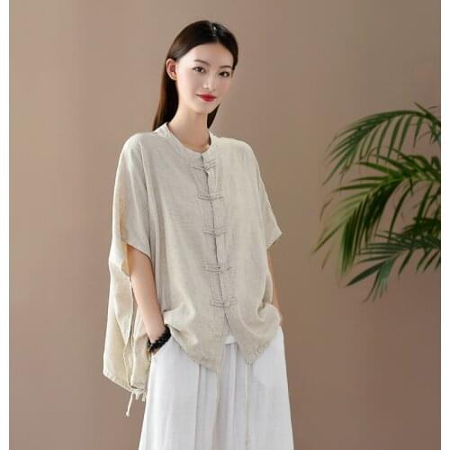 2021 Summer New Original Retro Button Cotton Linen Chinese Top Bat Sleeve Loose Stand Collar Drawstring Shirt Women Cardigan