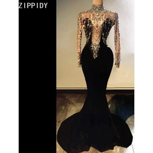 Bright Stones Black Velvet Dress Womens Evening Costume Birthday Stage Wear Sexy Female Singer Dance Long Dresses