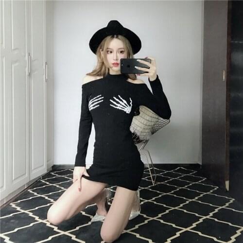 Wenfly Womens O-Neck Cotton New Fashion Off Shoulder Printing Skeleton Hand Long Sleeve Casual Bodycon Mini Dress