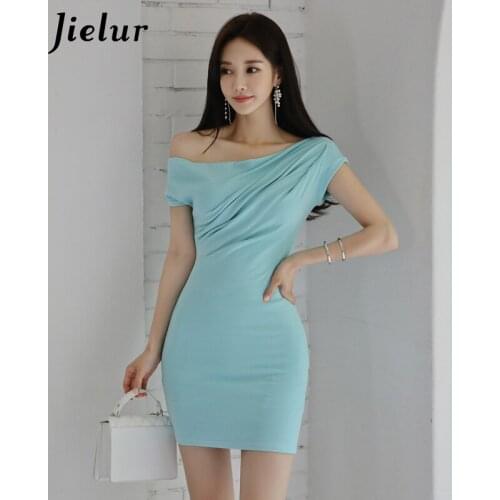 Jielur Summer Dress Skinny Women Dress Solid Color Slim Robe Femme Chic Sexy Mini Dresses New Sky Blue S-XL Vestidos